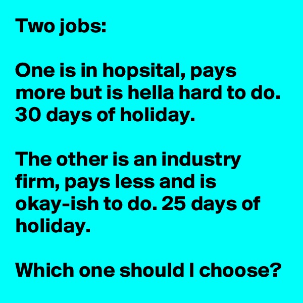 Two jobs:

One is in hopsital, pays more but is hella hard to do. 30 days of holiday. 

The other is an industry firm, pays less and is okay-ish to do. 25 days of holiday. 

Which one should I choose? 
