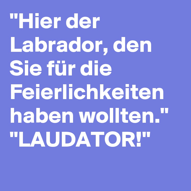"Hier der Labrador, den Sie für die Feierlichkeiten haben wollten."
"LAUDATOR!"