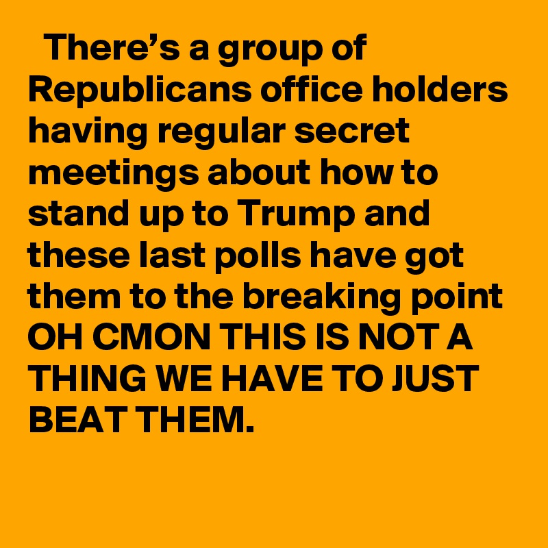   There’s a group of Republicans office holders having regular secret meetings about how to stand up to Trump and these last polls have got them to the breaking point OH CMON THIS IS NOT A THING WE HAVE TO JUST BEAT THEM.
