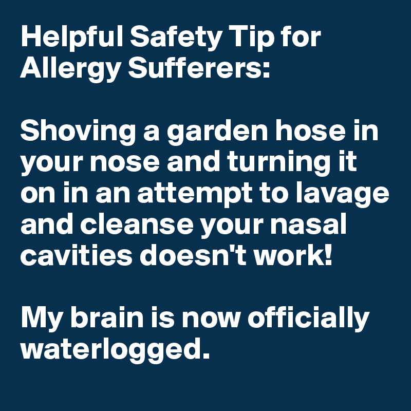 Helpful Safety Tip for Allergy Sufferers: 

Shoving a garden hose in your nose and turning it on in an attempt to lavage and cleanse your nasal cavities doesn't work! 

My brain is now officially waterlogged.