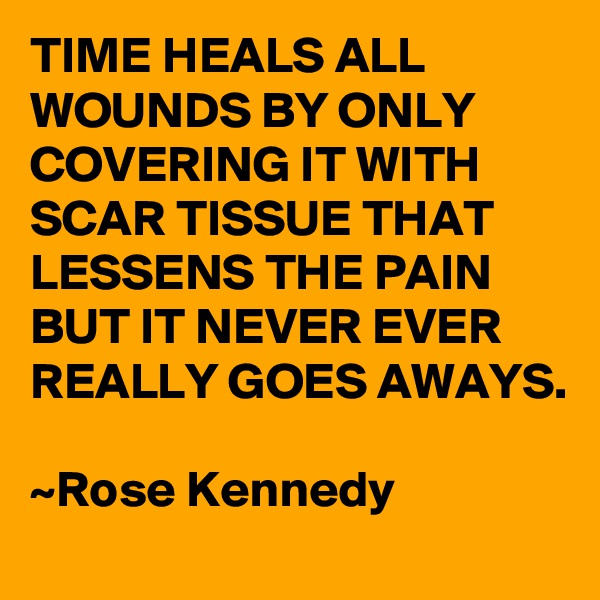 TIME HEALS ALL WOUNDS BY ONLY COVERING IT WITH SCAR TISSUE THAT LESSENS THE PAIN BUT IT NEVER EVER REALLY GOES AWAYS.

~Rose Kennedy