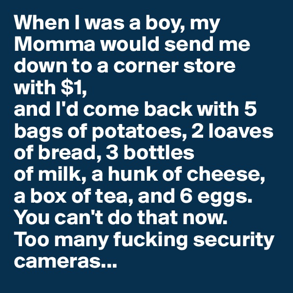 When I was a boy, my Momma would send me down to a corner store with $1,
and I'd come back with 5 bags of potatoes, 2 loaves of bread, 3 bottles
of milk, a hunk of cheese, a box of tea, and 6 eggs.
You can't do that now.
Too many fucking security cameras...