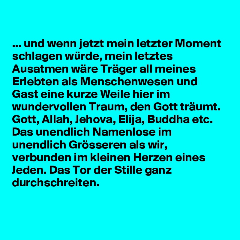 

... und wenn jetzt mein letzter Moment schlagen würde, mein letztes Ausatmen wäre Träger all meines Erlebten als Menschenwesen und Gast eine kurze Weile hier im wundervollen Traum, den Gott träumt. Gott, Allah, Jehova, Elija, Buddha etc. Das unendlich Namenlose im unendlich Grösseren als wir, verbunden im kleinen Herzen eines Jeden. Das Tor der Stille ganz durchschreiten. 


  