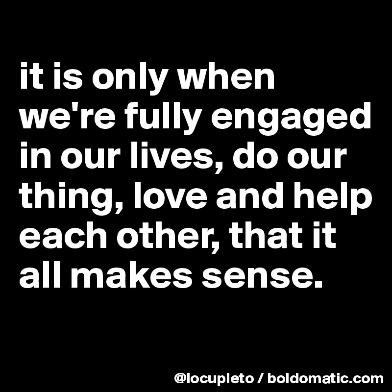 
it is only when we're fully engaged in our lives, do our thing, love and help each other, that it all makes sense.
