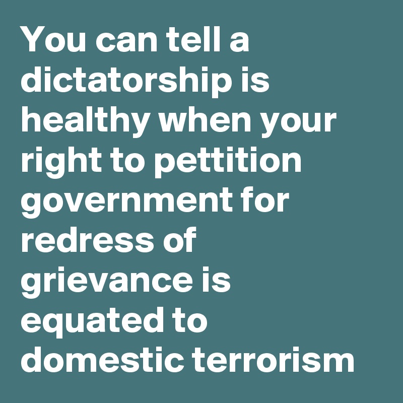 You can tell a dictatorship is healthy when your right to pettition government for redress of grievance is equated to domestic terrorism