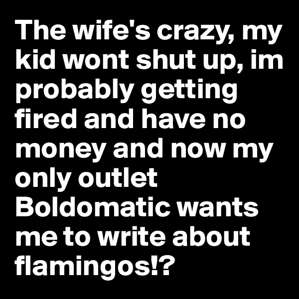 The wife's crazy, my kid wont shut up, im probably getting fired and have no money and now my only outlet Boldomatic wants me to write about flamingos!?