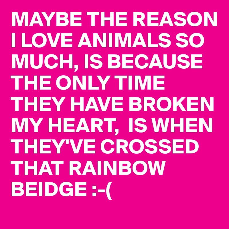MAYBE THE REASON I LOVE ANIMALS SO MUCH, IS BECAUSE THE ONLY TIME THEY HAVE BROKEN MY HEART,  IS WHEN THEY'VE CROSSED THAT RAINBOW BEIDGE :-( 