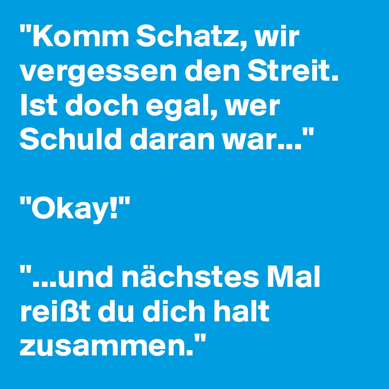 "Komm Schatz, wir vergessen den Streit. Ist doch egal, wer Schuld daran war..."

"Okay!"

"...und nächstes Mal reißt du dich halt zusammen."