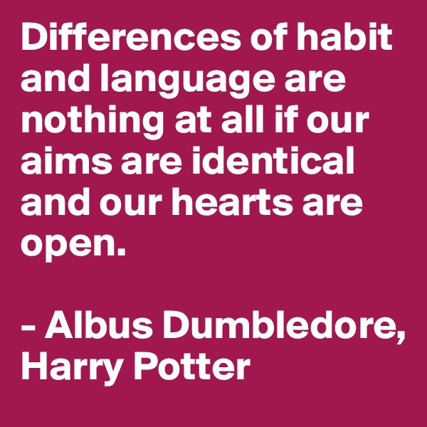 Differences of habit and language are nothing at all if our aims are identical and our hearts are open.

- Albus Dumbledore, Harry Potter