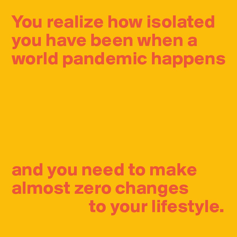 You realize how isolated you have been when a world pandemic happens





and you need to make almost zero changes
                     to your lifestyle.