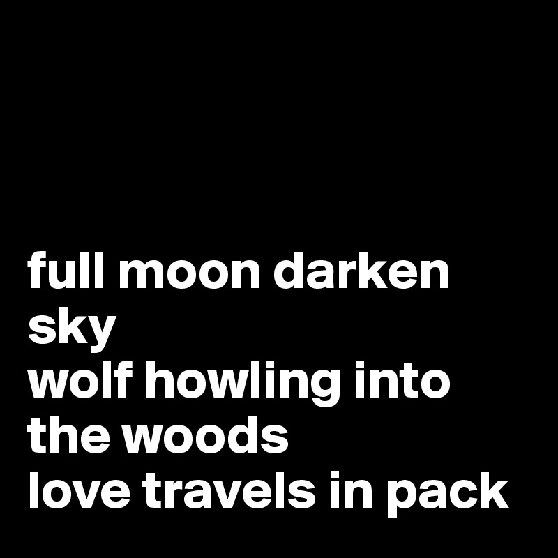 



full moon darken sky 
wolf howling into the woods
love travels in pack