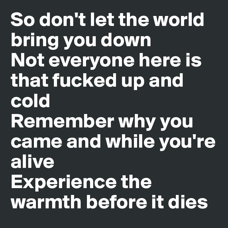 So don't let the world bring you down 
Not everyone here is that fucked up and cold 
Remember why you came and while you're alive 
Experience the warmth before it dies