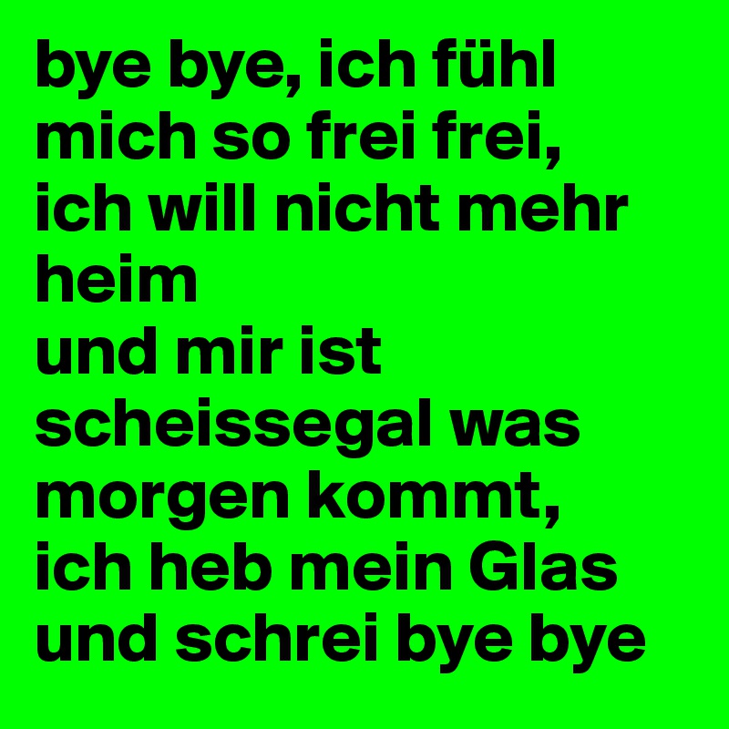 bye bye, ich fühl mich so frei frei,
ich will nicht mehr heim
und mir ist scheissegal was morgen kommt,
ich heb mein Glas und schrei bye bye