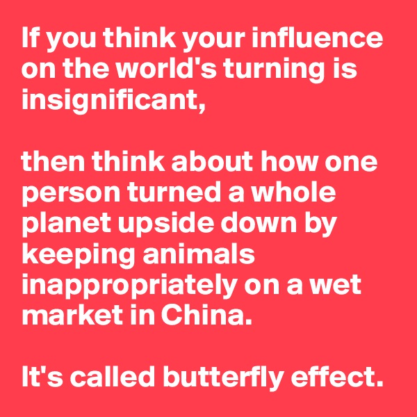 If you think your influence on the world's turning is insignificant, 

then think about how one person turned a whole planet upside down by keeping animals inappropriately on a wet market in China. 

It's called butterfly effect.