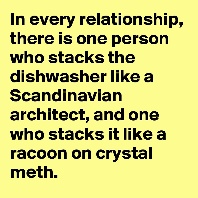 In every relationship, there is one person who stacks the dishwasher like a Scandinavian architect, and one who stacks it like a racoon on crystal meth.