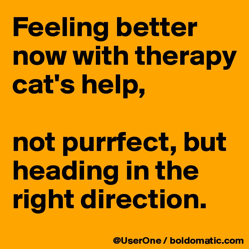 Feeling better now with therapy cat's help,

not purrfect, but heading in the right direction.
