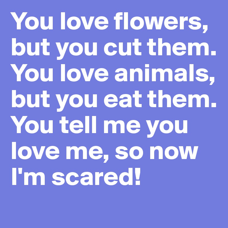 You love flowers, but you cut them. You love animals, but you eat them. You tell me you love me, so now I'm scared!