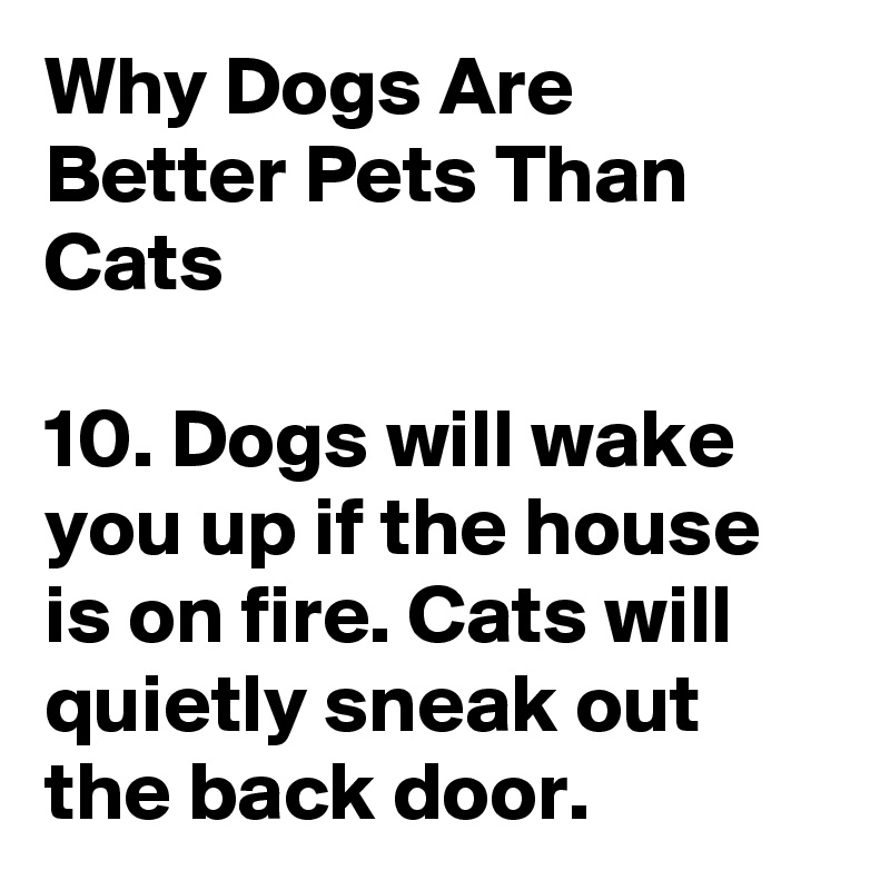 Why Dogs Are Better Pets Than Cats

10. Dogs will wake you up if the house is on fire. Cats will quietly sneak out the back door.