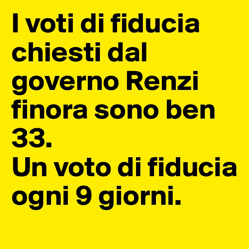 I voti di fiducia chiesti dal governo Renzi finora sono ben 33. 
Un voto di fiducia ogni 9 giorni.