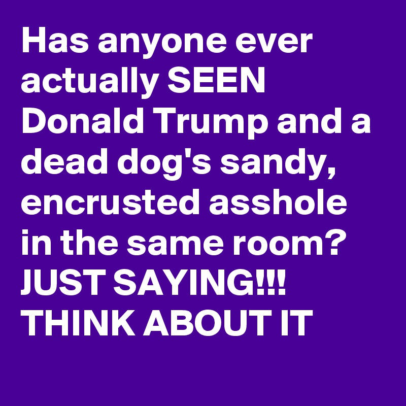 Has anyone ever actually SEEN Donald Trump and a dead dog's sandy, encrusted asshole in the same room? JUST SAYING!!! THINK ABOUT IT