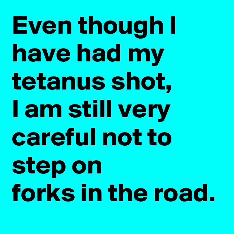 Even though I have had my tetanus shot,
I am still very careful not to step on
forks in the road.