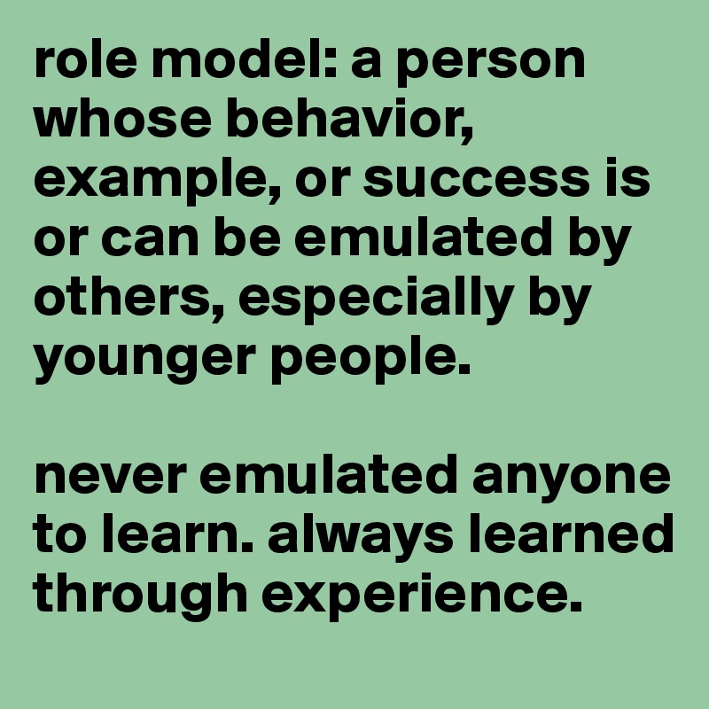 role model: a person whose behavior, example, or success is or can be emulated by others, especially by younger people.

never emulated anyone to learn. always learned through experience. 