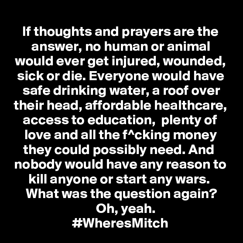 If thoughts and prayers are the answer, no human or animal would ever get injured, wounded, sick or die. Everyone would have safe drinking water, a roof over their head, affordable healthcare, access to education,  plenty of love and all the f^cking money they could possibly need. And  nobody would have any reason to kill anyone or start any wars. 
 What was the question again?
    Oh, yeah.
#WheresMitch