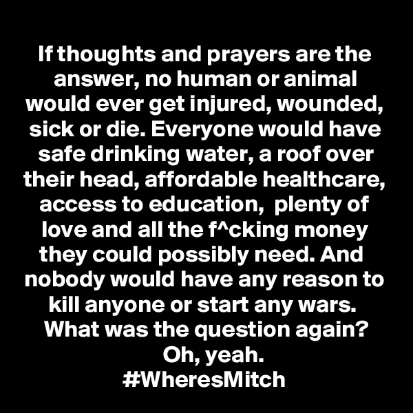 If thoughts and prayers are the answer, no human or animal would ever get injured, wounded, sick or die. Everyone would have safe drinking water, a roof over their head, affordable healthcare, access to education,  plenty of love and all the f^cking money they could possibly need. And  nobody would have any reason to kill anyone or start any wars. 
 What was the question again?
    Oh, yeah.
#WheresMitch