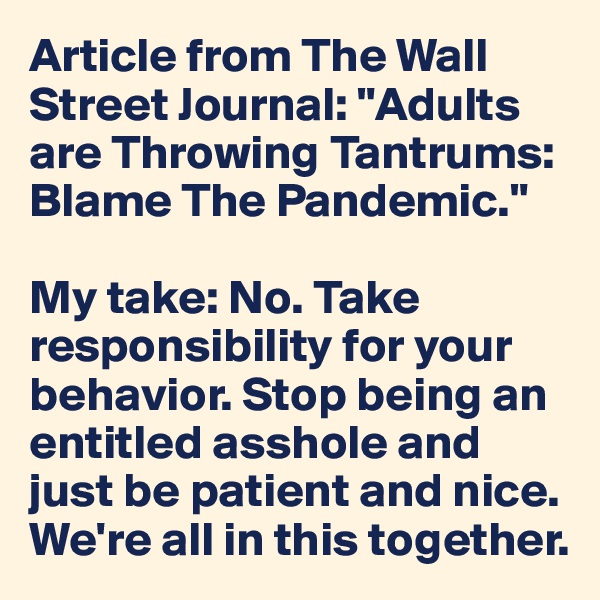 Article from The Wall Street Journal: "Adults are Throwing Tantrums: Blame The Pandemic."

My take: No. Take responsibility for your behavior. Stop being an entitled asshole and just be patient and nice. We're all in this together. 