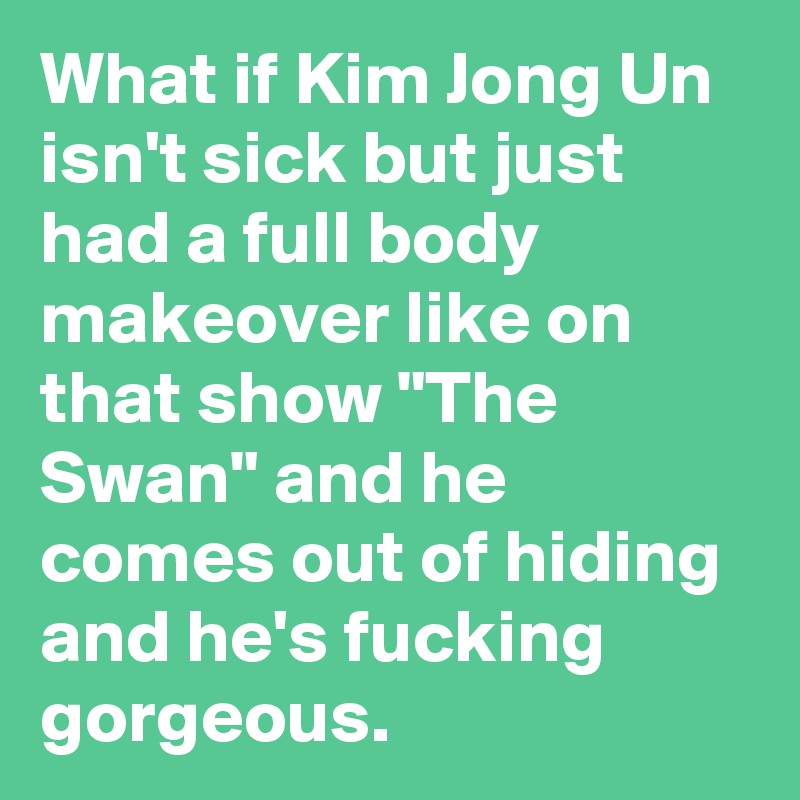 What if Kim Jong Un isn't sick but just had a full body makeover like on that show "The Swan" and he comes out of hiding and he's fucking gorgeous.