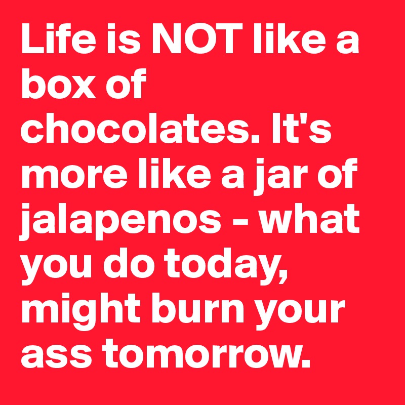 Life is NOT like a box of chocolates. It's more like a jar of jalapenos - what you do today, might burn your ass tomorrow. 