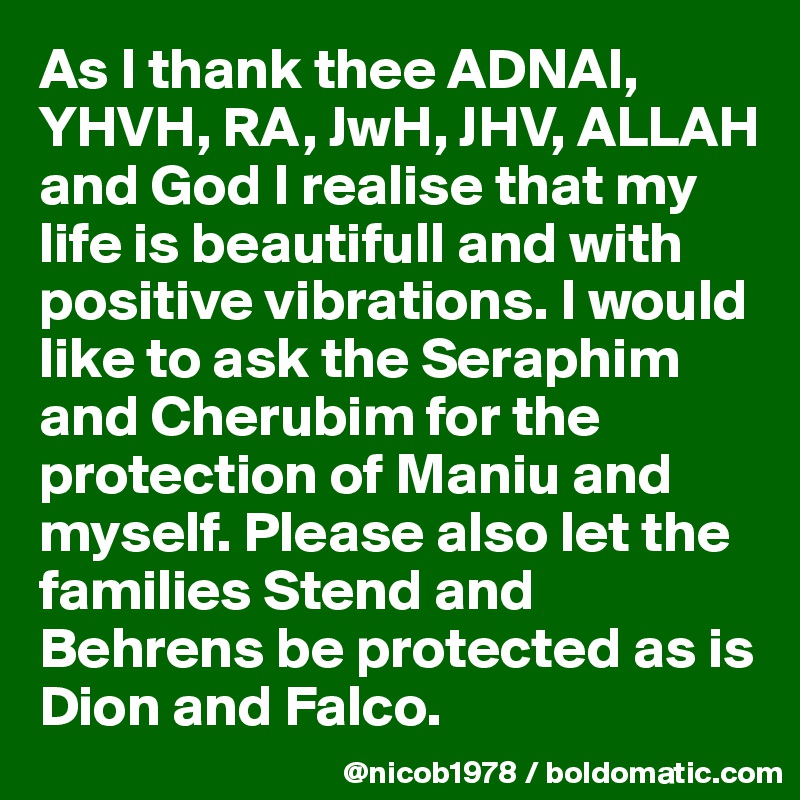 As I thank thee ADNAI, YHVH, RA, JwH, JHV, ALLAH and God I realise that my life is beautifull and with positive vibrations. I would like to ask the Seraphim and Cherubim for the protection of Maniu and myself. Please also let the families Stend and Behrens be protected as is Dion and Falco.
