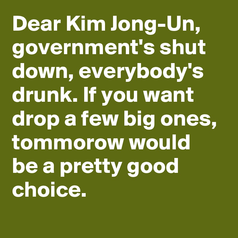 Dear Kim Jong-Un, government's shut down, everybody's drunk. If you want drop a few big ones, tommorow would be a pretty good choice.
