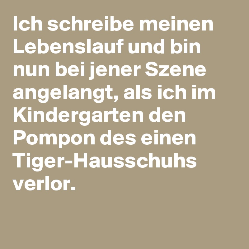 Ich schreibe meinen Lebenslauf und bin nun bei jener Szene angelangt, als ich im Kindergarten den Pompon des einen Tiger-Hausschuhs verlor.