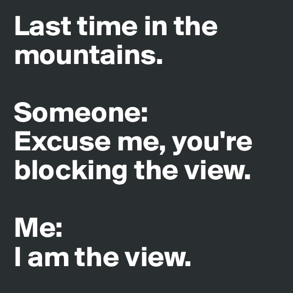 Last time in the mountains.

Someone: 
Excuse me, you're blocking the view. 

Me: 
I am the view.