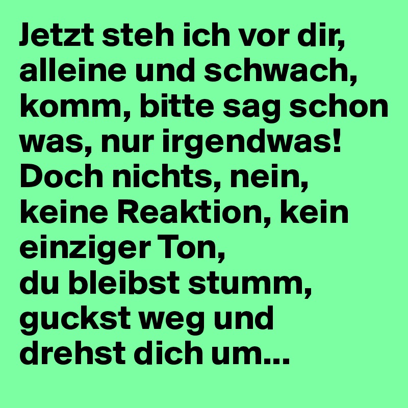 Jetzt steh ich vor dir, alleine und schwach,
komm, bitte sag schon was, nur irgendwas!
Doch nichts, nein, keine Reaktion, kein einziger Ton,
du bleibst stumm, guckst weg und drehst dich um...