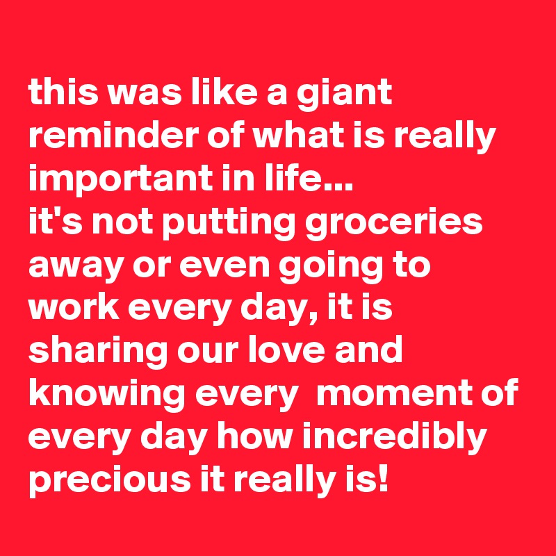 
this was like a giant reminder of what is really important in life... 
it's not putting groceries away or even going to work every day, it is sharing our love and knowing every  moment of every day how incredibly precious it really is!