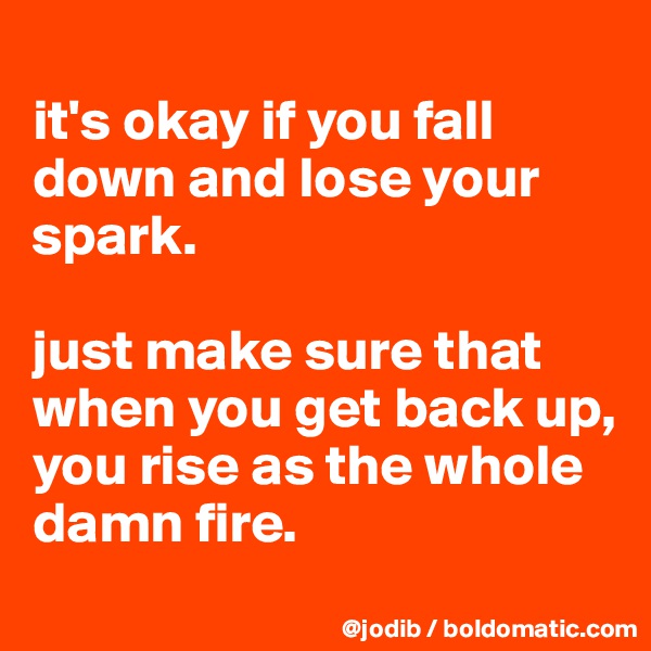
it's okay if you fall down and lose your spark.

just make sure that when you get back up, you rise as the whole damn fire.

