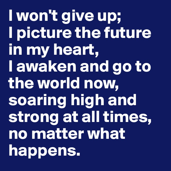I won't give up; 
I picture the future in my heart, 
I awaken and go to the world now, soaring high and strong at all times, no matter what happens. 