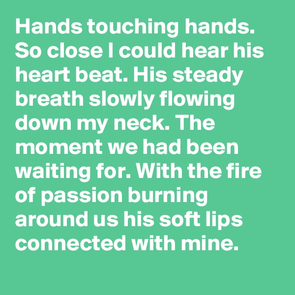 Hands touching hands. So close I could hear his heart beat. His steady breath slowly flowing down my neck. The moment we had been waiting for. With the fire of passion burning around us his soft lips connected with mine.