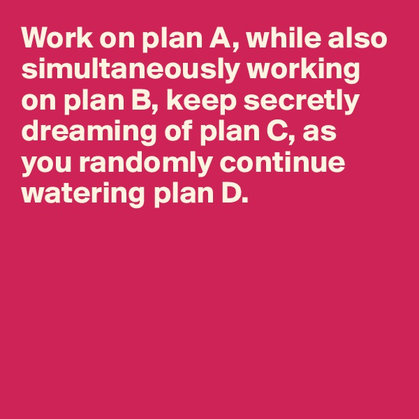 Work on plan A, while also simultaneously working on plan B, keep secretly dreaming of plan C, as 
you randomly continue watering plan D.





