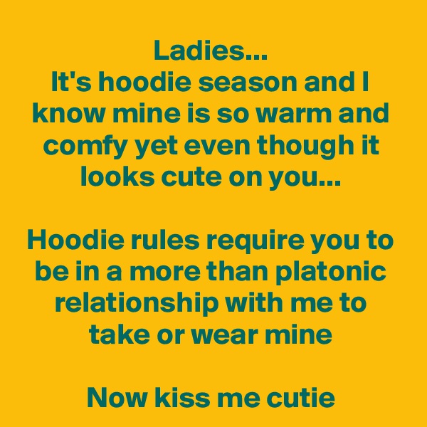 Ladies...
It's hoodie season and I know mine is so warm and comfy yet even though it looks cute on you...

Hoodie rules require you to be in a more than platonic relationship with me to take or wear mine

Now kiss me cutie