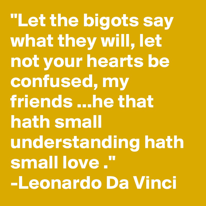 "Let the bigots say what they will, let not your hearts be confused, my friends ...he that hath small understanding hath small love ."
-Leonardo Da Vinci