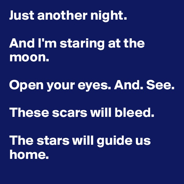 Just another night.

And I'm staring at the moon.

Open your eyes. And. See.

These scars will bleed.

The stars will guide us home. 