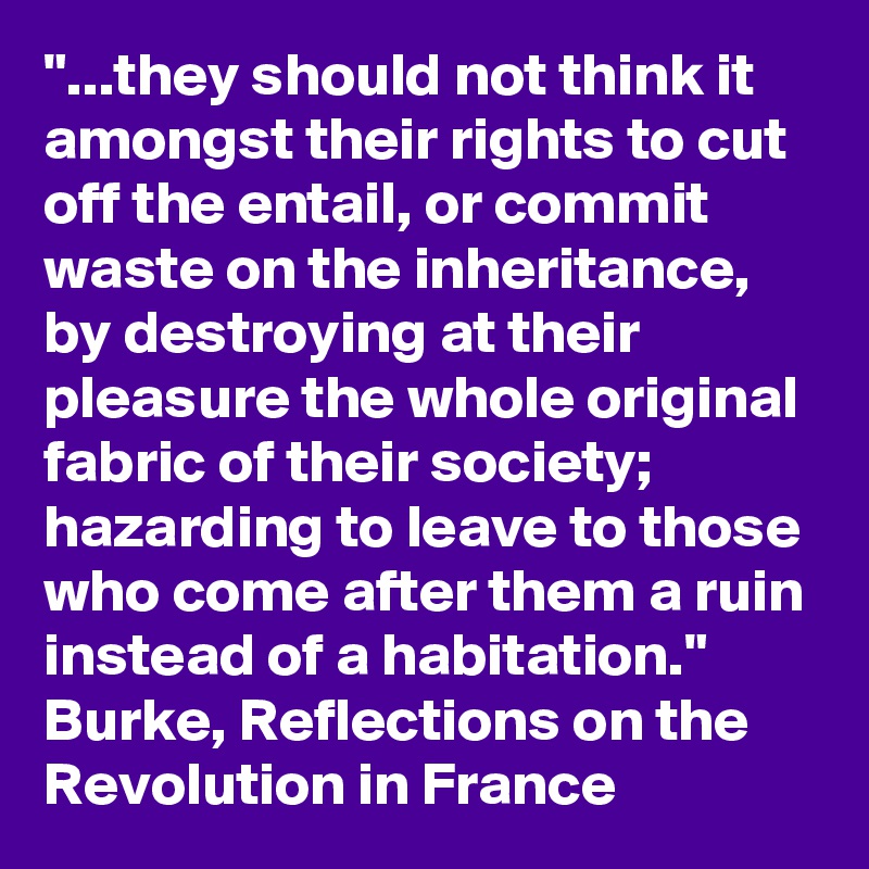 "...they should not think it amongst their rights to cut off the entail, or commit waste on the inheritance, by destroying at their pleasure the whole original fabric of their society; hazarding to leave to those who come after them a ruin instead of a habitation." Burke, Reflections on the Revolution in France