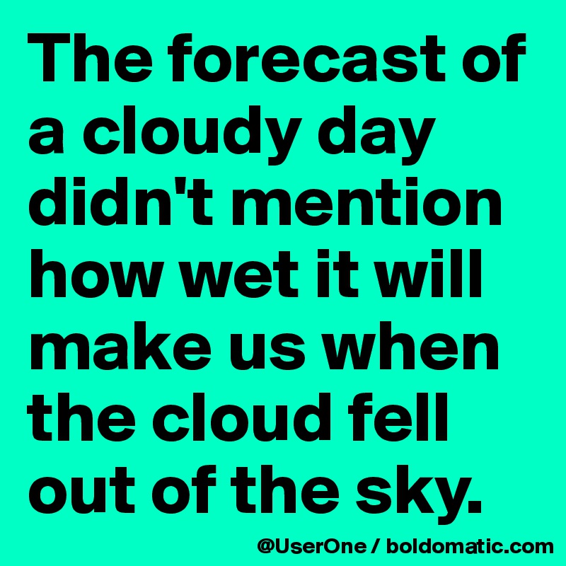 The forecast of a cloudy day didn't mention how wet it will make us when the cloud fell out of the sky. 