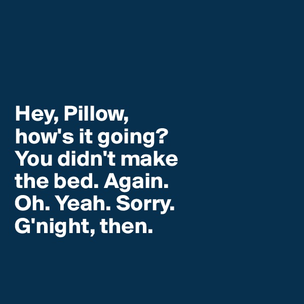 



Hey, Pillow, 
how's it going? 
You didn't make 
the bed. Again. 
Oh. Yeah. Sorry. 
G'night, then. 

