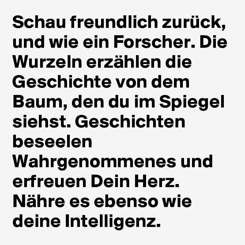 Schau freundlich zurück, und wie ein Forscher. Die Wurzeln erzählen die Geschichte von dem Baum, den du im Spiegel siehst. Geschichten beseelen Wahrgenommenes und erfreuen Dein Herz. Nähre es ebenso wie deine Intelligenz. 