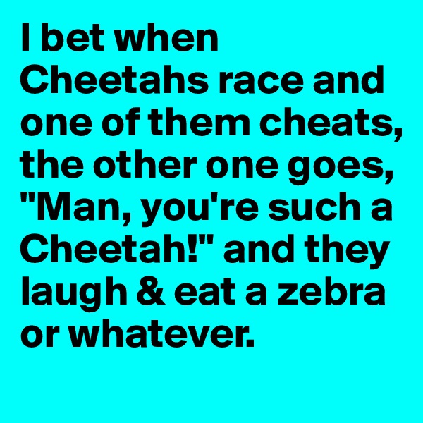 I bet when Cheetahs race and one of them cheats, the other one goes, "Man, you're such a Cheetah!" and they laugh & eat a zebra or whatever.