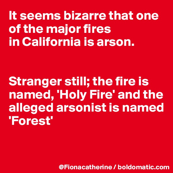 It seems bizarre that one of the major fires
in California is arson.


Stranger still; the fire is
named, 'Holy Fire' and the alleged arsonist is named 
'Forest'

